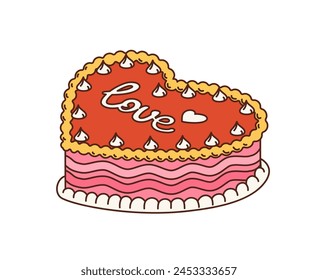 Caricatura retro groovy hippie pastel de amor o corazón de tarta para San Valentín o boda, icono de Vector. 70s hippie y groovy pastel de bodas de dibujos animados con corazones de amor para el amor pegatina y camiseta de hipster impresión