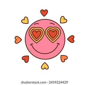 Caricatura retro groovy hippie amor sonrisa cara en el corazón gafas de sol, Vector funky comic. arte hippie de los años 70 y arte de estilo de dibujos animados símbolo de sonrisa feliz emoji o emoticono con rayos de amor de corazón brillan