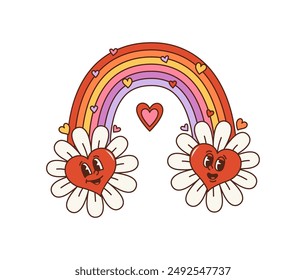 Caricatura retro groovy hippie amor arco iris y flores de margarita. Vector y2k arco iris colorido arqueando entre dos alegres personajes de la flor con pétalos blancos. Personajes aislados destilan alegría y fantasía