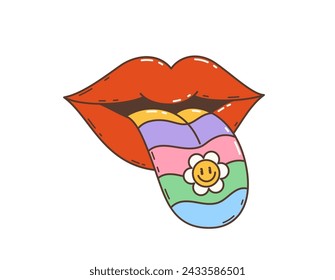 Cartoon retro groovy hippie mouth with rainbow tongue in 60s and 70s art, vector symbol. Groovy hippie symbol of mouth lips with tongue out and daisy chamomile flower, 1960s and 1970s pop art sticker