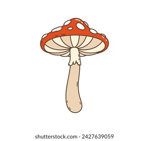 Cartoon retro groovy hippie mushroom. Isolated vector psychedelic amanita fungus with vibrant red cap with whimsical white spots, a chunky white stem. Fly agaric exuding a charming, nostalgic vibe