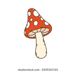 Cartoon retro groovy hippie mushroom amanita in 60s and 70s art, vector symbol. Groovy hippie symbol of psychedelic amanita mushroom in 1960s and 1970s groovie funky pop art for sticker