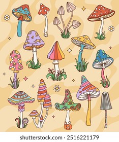 Hongos hippie groovy retro de la historieta con el patrón trippy psicodélico del Vector de las flores coloridas del verano, de los puntos del arco iris y de las olas. Amanita hippy loca y seta del bosque del taburete de sapo con las cuchillas de la hierba