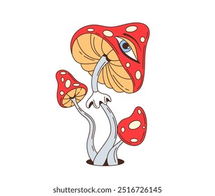 Cartoon retro groovy hippie mushrooms with eyes. Vector psychedelic one-eyed amanita fungus with vibrant red dotted cap and curved stem. Whimsical trippy alien fly agaric plant exuding nostalgic vibe