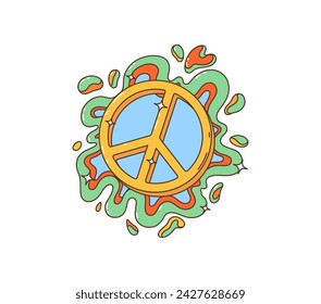 Cartoon retro groovy hippie peace symbol. Isolated vector vibrant, iconic emblem, symbolizing unity, harmony, love and non-violence, embodying the 1960s and 70s countercultural hippy movement ideas