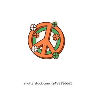 Caricatura retro groovy hippie signo de la paz, día de fiesta de san patrick. Vector aislado vibrante, emblema icónico, que simboliza la unidad, la armonía, el amor y la no violencia, que encarna el movimiento hippy de los años 60 y 70