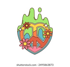 Caricatura retro groovy hippie signo de la paz. Emblema vibrante de Vector aislado con flores de margarita y salpicaduras de arco iris psicodélico. Símbolo icónico de unidad, armonía, amor y no violencia, que encarna vibraciones de los años 60