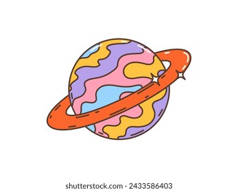 Dibujos animados retro groovy planeta hippie en los años 60 y 70 arte, símbolo vectorial. Planeta de Saturno en arco iris, símbolo hippie de las décadas de 1960 y 1970 arte cultural y dibujo animado de dibujos animados pegatina