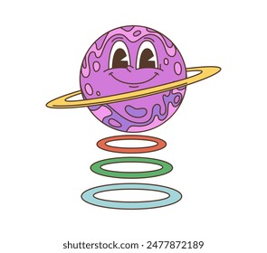 Cartoon retro groovy hippie planet character. Isolated vector whimsical, charming smiling purple Saturn planet with a ring, bouncing joyfully above a stack of colorful circles, playful space personage