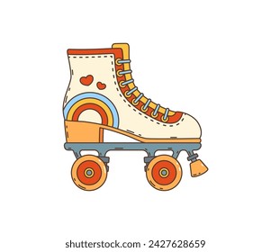 Cartoon retro groovy hippie roller skate. Isolated vector vibrant, wheeled boot, adorned with rainbow and hearts patterns. Vintage rollerblade shoe embodying free-spirited funky vibes of 60s and 70s