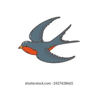 Cartoon retro groovy hippie swallow bird. Isolated vector martlet with black and red feathers flying with outspread wings. Nostalgic symbol of spring, freedom and peace, groove, hippy style