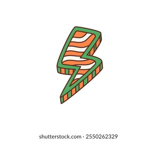 Cartoon retro groovy hippie thunderbolt lightning for Saint Patrick Day, Irish holiday vector symbol. Groovy lightning thunderbolt with Ireland flag colors pattern in 70s hippie art for St Patrick Day