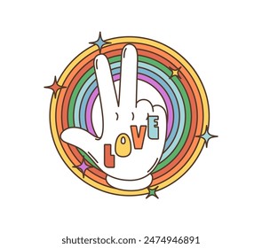 Cartoon retro groovy hippie victory symbol or peace gesture. Vector hand with raised fingers showing V sign signifies harmony and non-violence, promoting love and unity during the 1960s hippy movement