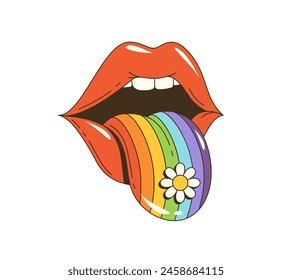 Dibujos animados retro groovy hippie mujer labios con arco iris y flor en la lengua, Arte vectorial de los años 70. Groovy beso labios con lengua de arco iris hacia fuera y flor de margarita para los años 70 hippie, disco o pop art funky sticker