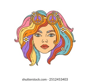 Caricatura retro groovy hippie mujer cara de personaje. Retrato de Vector aislado de una niña con el pelo multicolor, adornado con flores Pequeñas y gafas de sol de símbolo de la paz, con una estética hippie de los años 60