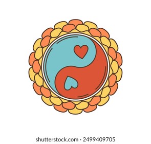 Caricatura retro groovy hippie yin-yang símbolo. Insignia circular vibrante de Vector aislado con corazones rojos y azules en el centro, rodeado por un anillo de escamas coloridas y superpuestas en tonos cálidos