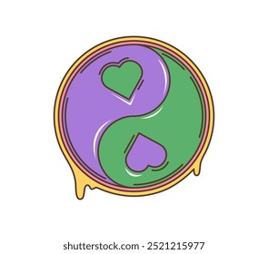 Caricatura retro groovy hippie yin-yang símbolo. Insignia circular de Vector aislada del yin yang que presenta un cartel con corazones en colores púrpura y verde con un efecto que fluye y se derrite alrededor de los bordes.