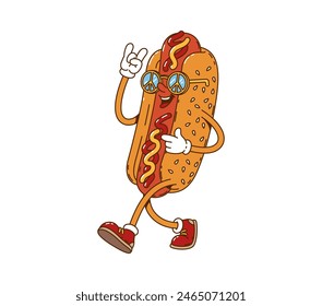 Cartoon retro groovy hot dog character. Funny fast food vintage personage, groovy cheerful street meal mascot or vintage cute isolated vector sticker. Hot dog happy character wearing hippie sunglasses