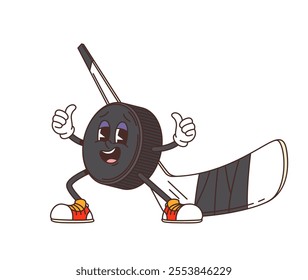 Cartoon retro groovy ice hockey stick and puck character giving a thumbs up. Isolated vector funky sports gear personage exudes excitement and energetic positivity, capturing joyful y2k enthusiasm