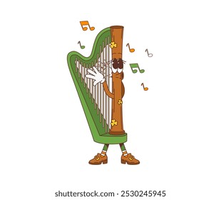 Caricatura retro groovy carácter irlandés del arpa, personaje del día de fiesta de San Patricio. Hojas de trébol de instrumento de Vector aislado y notas alrededor, celebra el festival de St Patricks, tocando música en sus cuerdas