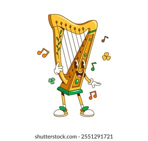 Personaje de arpa irlandesa groovy retro de dibujos animados, personaje de vacaciones del día de San Patricio. Instrumento musical vintage de Vector aislado con hojas de trébol y notas alrededor, tocando música festiva en sus cuerdas