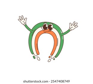 Caricatura retro groovy carácter irlandés del arco iris para el día de fiesta de San Patricio, emoji de Vector. Personaje divertido feliz del arco iris con la cara y los colores de la bandera de Irlanda para el día de San Patricio en arte hippie de los años 70