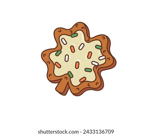 Cartoon retro groovy irish shamrock clover cookie, saint patrick day holiday pastry dessert. Isolated vector sweet delightful ireland treat in shape of trefoil leaf with colorful sprinkles and glaze