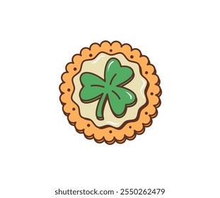 Cartoon retro groovy Irish shamrock clover cookie for Saint Patrick Day holiday, vector lucky symbol. Groovy cookie or biscuit pastry with shamrock clover in 70s hippie art for St Patrick Day holiday