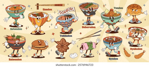 Cartoon retro groovy japanese and asian cuisine characters, donburi and dessert food vector personages. Funky psychedelic donburi rice bowls topped with meat, fish and seafood, pancakes and roll bun