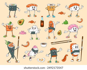 Cartoon retro groovy Japanese sushi and roll characters, vector funky personages. Hippie groovy happy sushi with chopsticks, wasabi and soy sauce, shrimp and octopus, 70s retro groovie Japanese food