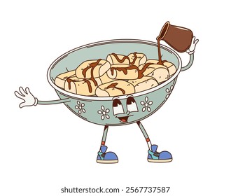 Cartoon retro groovy Japanese warabi mochi dessert character. Charming bowl with pastry pouring brown sugar syrup on itself. Vector Asian food dish personage feature friendly face and sweet indulgence