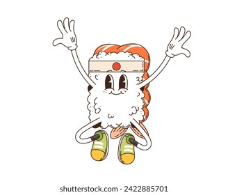 Cartoon retro groovy jumping sushi character. Isolated vector vibrant, cartoonish nigiri ninja japanese food personage, bursts with funky charm, sporting a bandana and a playful, mischievous grin