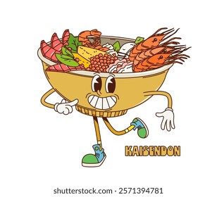 Cartoon retro groovy kaisendon donburi character. Isolated vector playful traditional Japanese food bowl or dish personage filled with various ingredients such as shrimp, fish caviar and vegetable