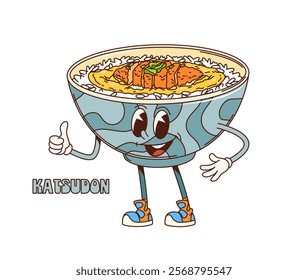 Cartoon retro groovy Katsudon donburi character. Isolated vector playful bowl of Katsudon, a Japanese rice dish funky personage with a smiling face, full of crispy cutlets over rice, gives a thumbs up