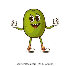 Cartoon retro groovy kiwi personagem de frutas com vibe funky e hippie. Vetor isolado expressivo e alegre exótico cômico de frutas tropicais personagem capturar uma essência lúdica e caprichosa da era dos anos 60