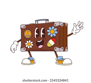 Cartoon retro groovy leather travel suitcase character with funny face, vector 70s hippie comic. Groovy travel bag or suitcase with peace sign and flag stickers with funky happy smile in retro cartoon