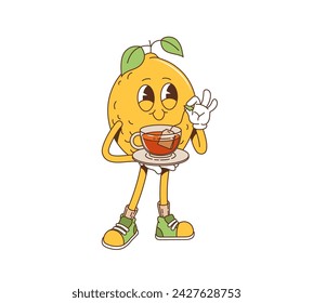 Cartoon retro groovy lemon fruit character drink tea with a teacup. Isolated vector comic food personage with nostalgic funky smile, dipping tea bag into glass cup, spreading citrus, zestful vibes