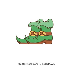 Cartoon Retro groovige Leprechaun Stiefel, Saint Patrick Day Urlaubsschuhe. Isoliertes Vektor-Paar von grünen spitz-nasen irischen Schuhen mit Schnallen, verkörpert skurrile und magische Geist von Irland