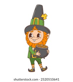 Personaje de duende groovy retro de la historieta con la olla de oro, día de fiesta de San Patricio Personaje enano alegre, revestido de verde, con una sonrisa traviesa y ojos centelleantes, guarda el caldero con el tesoro