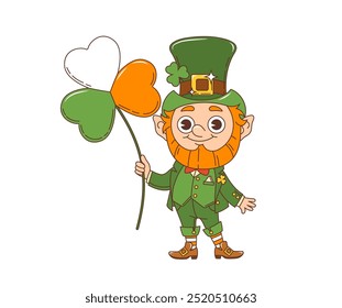 Cartoon retro groovy leprechaun character, saint patrick day holiday dwarf personage holds clover trefoil plant in colors of Irish flag. Isolated funny fairytale elf donning green costume and top hat