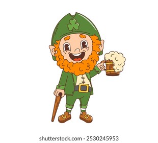 Cartoon retro groovy leprechaun character with beer, saint patrick day holiday personage. Isolated vector cheerful dwarf with red beard, bright green suit and top hat, merrily holds a frothy beer mug