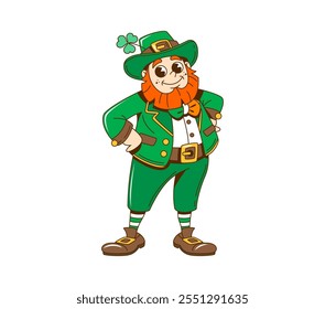 Cartoon retro groovy leprechaun character for Saint Patrick Day, vector funny personage. Irish holiday St Patrick day groovy leprechaun with shamrock clover in hat in retro cartoon of Ireland festival