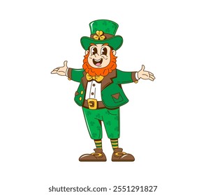 Personaje de duende groovy retro de dibujos animados con un atuendo verde vibrante, sombrero de copa y una expresión alegre. Personaje de vacaciones del día de San Patricio del Vector con los brazos extendidos, acogedor positivismo y encanto