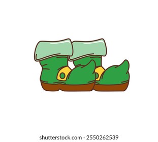 Botas verdes de leprechaun de dibujos animados retro groovy para el día de fiesta de San Patricio, símbolo de Vector. Zapatos irlandeses del duende con las hebillas de oro para la celebración del día de fiesta de San Patricio en arte de dibujos animados groovy