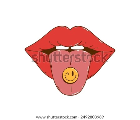 Cartoon retro groovy lips with face. Isolated vector mouth with sticking tongue reveals a yellow drug stamp with a smile emoji for psychedelic trip. Declaration of rebellion and risk of hippie culture
