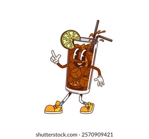 Cartoon retro groovy long island cocktail character. Vector retro personage of alcohol drink glass filled with iced tea or cola, ice cubes, and a lime slice, happily dancing with straws and sneakers