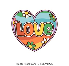 Cartoon retro groovy love heart with rainbow, vibrant, psychedelic colors and daisy flowers. Isolated vector symbol encapsulates free spirit of the 60s and 70s hippie movement or Valentines day