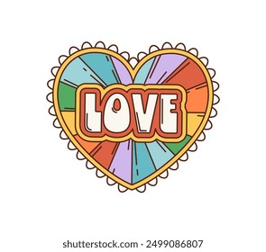 Cartoon retro groovy love heart with rainbow, vibrant, psychedelic colors and daisy flower petals. Isolated vector symbol encapsulates free spirit of the 60s and 70s hippie movement or Valentines day