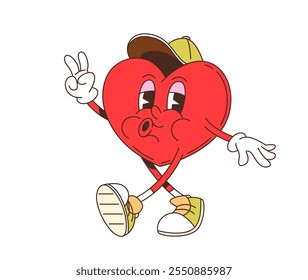 Cartoon retro groovy love heart character with a joyful expression, sneakers and teenager cap, flashing peace gesture. Isolated vector personage for Valentines day exudes positivity, romance and love