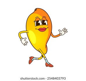 Cartoon retro groovy mango fruit character. Isolated vector cheerful, fun and playful feminine tropical fruit personage walking confidently with a happy face expression, red lips and heeled shoes